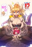 ! 2girls blonde_hair blue_eyes bouquet bowsette bracelet breasts breathing_fire cleavage closed_eyes collar comic commentary_request crown dress earrings english fire flower genderswap genderswap_(mtf) hair_between_eyes hand_up horns jewelry large_breasts long_hair long_sleeves mini_crown multiple_girls new_super_mario_bros. new_super_mario_bros._u_deluxe nintendo open_mouth pointy_ears princess_peach sharp_teeth sparkle spiked_armlet spiked_bracelet spiked_collar spikes spoken_exclamation_mark super_mario_bros. surprised tail teeth tomoyohi translation_request turtle_shell