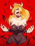  1girl armlet bare_shoulders black_dress blonde_hair bowser bowsette bracelet breasts cleavage collar crown detached_sleeves dress earrings genderswap genderswap_(mtf) highres horns jewelry long_hair long_sleeves looking_at_viewer super_mario_bros. nail_polish new_super_mario_bros._u_deluxe nintendo open_mouth red_background red_eyes red_nails sharp_teeth spiked_armlet spiked_bracelet spiked_collar spikes strapless strapless_dress super_crown super_mario_bros. teeth tsuyoshi_takaki 