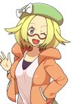 1girl alternate_eye_color bel_(pokemon) blonde_hair blue_eyes breasts commentary_request creatures_(company) game_freak glasses green_hat hat jacket medium_hair nintendo one_eye_closed open_mouth orange_jacket pokemon pokemon_(game) pokemon_bw pokemon_bw2 smile solo 