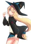  1girl aizawa_azusa bangs blonde_hair blue_eyes eyebrows_visible_through_hair hair_between_eyes hair_ornament hat highres long_hair long_sleeves mistynight one_eye_closed puffy_sleeves smile solo witch witch_hat 