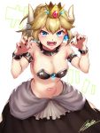  1girl amamfoy bare_shoulders black_nails blonde_hair blue_eyes bowsette bracelet breasts cleavage collar commentary_request crown earrings eyebrows eyebrows_visible_through_hair fangs jewelry large_breasts looking_at_viewer super_mario_bros. nail_polish navel new_super_mario_bros._u_deluxe nintendo signature simple_background solo spiked_armlet spiked_bracelet spiked_collar spikes super_mario_bros. teeth white_background 