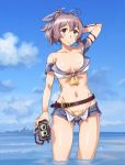  1girl ahoge aoba_(cruiser) aoba_(kantai_collection) arm_strap bangs bikini bikini_tan blue_eyes blue_shorts blue_sky blush camera closed_mouth cruiser day eyebrows_visible_through_hair groin hair_between_eyes hair_ornament hand_behind_head highleg highleg_bikini holding holding_camera imperial_japanese_navy kantai_collection long_hair looking_at_viewer messy_hair military military_vehicle navel ocean open_mouth outdoors ponytail purple_hair sameha_ikuya scrunchie ship short_shorts shorts sidelocks signature sky smile solo stomach swimsuit tan tanline thighs unbuttoned_pants wading warship water watercraft yellow_bikini 