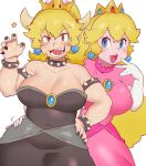  2girls arm_around_waist black_dress black_nails blonde_hair blue_eyes bowsette dress earrings elbow_gloves finger_to_mouth fingernails gloves highres horns jewelry long_hair super_mario_bros. multiple_girls nail_polish new_super_mario_bros._u_deluxe nintendo ponytail princess_peach red_eyes sanjiro_(tenshin_anman) sharp_fingernails sidelocks simple_background star super_crown transformation white_background 