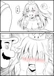  ! 1boy 1girl blush boo breasts cleavage cleavage_cutout comic commentary_request covering_face crown dress earrings embarrassed eyebrows_visible_through_hair facial_hair flying_sweatdrops frills ghost hair_between_eyes hands hat highres jewelry lace_trim large_breasts long_hair luigi mini_crown monochrome mustache new_super_mario_bros._u_deluxe princess_king_boo sharp_teeth shy spoken_blush spoken_exclamation_mark surprised sweatdrop teeth tongue tongue_out twitter_username wavy_mouth yano_toshinori 