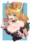  1girl armlet bare_shoulders black_dress black_nails blonde_hair bowsette bracelet breasts cleavage collar dress genderswap genderswap_(mtf) highres horns jewelry long_hair mimoza_(96mimo414) nail_polish new_super_mario_bros._u_deluxe open_mouth sharp_teeth spiked_bracelet spiked_collar spikes strapless strapless_dress super_crown teeth tongue tongue_out turtle_shell 