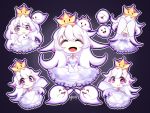  1girl :&gt; :p boo chibi closed_eyes covering_face crown detached_sleeves dress ghost gradient gradient_background hair_between_eyes highres long_hair luigi&#039;s_mansion super_mario_bros. multiple_persona new_super_mario_bros._u_deluxe nintendo princess_king_boo smile super_crown tearing_up tongue tongue_out v_arms violet_eyes white_dress white_hair yitsune_melody 