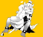  2girls arms_around_neck bare_shoulders borrowed_design bowsette bracelet cheek_kiss closed_eyes collar commentary_request dress earrings eyebrows genderswap genderswap_(mtf) headwear_removed highres horns jewelry kiss lizard_tail long_hair multiple_girls neji_(ultramarinesunset) new_super_mario_bros._u_deluxe partially_colored princess_peach puffy_short_sleeves puffy_sleeves scales short_sleeves sitting spiked_anklet spiked_armlet spiked_bracelet spiked_collar spiked_shell spikes super_crown tail yellow_background 