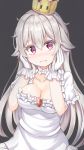  1girl bangs blush breasts cleavage closed_mouth collarbone commentary_request crown dress eyebrows_visible_through_hair fangs fangs_out frilled_dress frills gloves grey_background grey_hair hair_between_eyes hair_flaps hands_on_own_face head_tilt keiran_(ryo170) large_breasts long_hair luigi&#039;s_mansion super_mario_bros. mini_crown new_super_mario_bros._u_deluxe nintendo nose_blush princess_king_boo puffy_short_sleeves puffy_sleeves short_sleeves simple_background solo super_crown tears very_long_hair violet_eyes wavy_mouth white_dress white_gloves 