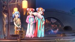  3girls a-801 acfun acfun_girl blue_eyes blue_hair boat bridge building child double_bun dress eyebrows_visible_through_hair facing_viewer fan hair_ornament hair_ribbon highres lantern mid-autumn_festival multiple_girls night open_mouth orange_eyes orange_hair red_eyes redhead ribbon short_hair short_twintails signature sky standing star_(sky) starry_sky td_girl tsukimi twintails water watercraft zhongqiu_jie 