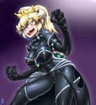  1girl aozame_takao armlet black_dress blonde_hair blue_eyes bodysuit borrowed_design bowsette bracelet breasts collar crown dress highres horns jewelry large_breasts latex super_mario_bros. new_super_mario_bros._u_deluxe nintendo ponytail sharp_teeth skin_tight solo spiked_bracelet spiked_collar spikes strapless strapless_dress super_crown super_mario_bros. tail teeth turtle_shell 