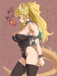  1girl abs armlet bare_shoulders black_legwear black_leotard blonde_hair blue_eyes blush bowsette bracelet breasts breathing_fire castle collar crown d1975 fire from_side gem highres horns jewelry large_breasts leotard muscle muscular_female new_super_mario_bros._u_deluxe ponytail spiked_bracelet spiked_collar spikes strapless strapless_leotard super_crown sweat tail thigh-highs thighs turtle_shell 