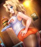  1girl american_flag ass bare_arms bare_shoulders black_legwear blonde_hair blue_eyes blush breasts burger clothes_writing commentary_request curvy employee_uniform flag food from_behind girls_und_panzer hamburger hand_on_hip happy hips hooters indoors kamogawa_tanuki kay_(girls_und_panzer) large_breasts long_hair looking_at_viewer medium_breasts open_mouth pantyhose pantyhose_under_shorts shiny shiny_hair shiny_skin short_shorts shorts sleeveless smile solo thick_thighs thighs tongue tray uniform waitress wide_hips 
