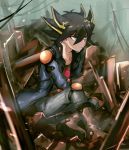  1boy akaike black_hair black_shirt blue_eyes brown_gloves collarbone eyebrows_visible_through_hair fudou_yuusei full_body gloves grey_pants hair_between_eyes highlights male_focus multicolored_hair pants print_shirt shirt sitting solo spiky_hair yu-gi-oh! yuu-gi-ou_5d&#039;s 