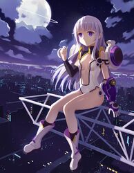  1girl absurdres breasts cityscape copyright_request eyebrows_visible_through_hair highres looking_away lyrae medium_breasts moon navel night night_sky outdoors parted_lips sitting sky star_(sky) starry_sky violet_eyes white_hair 