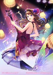  1girl :d beamed_eighth_notes beamed_sixteenth_notes bonner breasts brown_hair dress fish_earrings full_body guitar indoors instrument mermaid momoshiki_tsubaki monster_girl musical_note official_art open_mouth pink_dress seashell shell small_breasts smile solo treble_clef violet_eyes z/x 