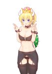  1girl bare_shoulders black_legwear blonde_hair blue_eyes blush bowsette bracelet breasts cleavage collar collarbone crown double_v earrings fang garter_straps highres horns jewelry large_breasts super_mario_bros. navel new_super_mario_bros._u_deluxe nintendo open_mouth pointy_ears ponytail roast_salt short_hair simple_background slit_pupils smile solo spiked_armlet spiked_bracelet spiked_collar spikes standing super_mario_bros. thigh-highs v wavy_mouth white_background 