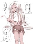  1girl alabaster_(artist) apron closed_eyes commentary_request cooking highres idolmaster idolmaster_cinderella_girls kitchen ladle layla_(idolmaster) long_hair monochrome p-head_producer pot sepia short_sleeves shorts translation_request 