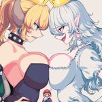  2girls bare_shoulders black_dress blonde_hair blue_eyes blush borrowed_character bowsette breast_press breasts choker cleavage collar crown dress earrings elbow_gloves eyebrows_visible_through_hair face-to-face facial_hair fingernails flying_sweatdrops frilled_choker frilled_dress frills genderswap genderswap_(mtf) gloves hands_on_hips hat hips horns jewelry large_breasts long_fingernails long_hair luigi&#039;s_mansion mario super_mario_bros. multiple_girls mustache new_super_mario_bros._u_deluxe nintendo open_mouth pale_skin pointy_ears ponytail princess_king_boo profile red_eyes sharp_teeth silver_hair simple_background smile strapless strapless_dress studded_bracelet studded_collar sungwon super_crown symmetrical_docking teeth upper_body white_background white_dress white_gloves 