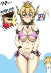  1girl absurdres bare_shoulders bikini blonde_hair blue_eyes blush bowsette bracelet breasts cleavage collar crown dress earrings face_of_the_people_who_sank_all_their_money_into_the_fx highres horns jewelry large_breasts looking_at_viewer mario super_mario_bros. navel nintendo ponytail ryle smile spiked_bracelet spiked_collar spikes super_crown swimsuit 