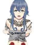  1boy 1girl \m/ absurdres blue_eyes blue_hair commentary gotland_(kantai_collection) hair_between_eyes hair_bun helmet highres kantai_collection kilroylw long_hair mole mole_under_eye navel_piercing piercing polearm sabaton_(band) shield shirt solo spear tattoo tongue_piercing weapon 