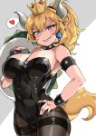  1girl absurdres bare_shoulders black_collar black_leotard blonde_hair blue_eyes borrowed_design bowsette bracelet breasts collar colored_eyelashes commentary covered_navel cowboy_shot crown dress evil_grin evil_smile genderswap genderswap_(mtf) grin hand_on_hip heart highres horns jewelry large_breasts leotard long_hair looking_at_viewer super_mario_bros. nail_polish new_super_mario_bros._u_deluxe nintendo ponytail sharp_teeth shiny shiny_clothes shiny_hair shiny_skin smile spiked_bracelet spiked_collar spikes spoken_heart strapless strapless_dress super_crown super_mario_bros. symbol_commentary tail teeth tem10 turtle_shell 