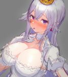  1girl :p bangs blush breasts choker cleavage closed_eyes commentary_request dress earrings embarrassed eyebrows_visible_through_hair gatling033 gloves grey_background grey_hair hair_between_eyes hand_on_own_chest heart heart_earrings highres jewelry large_breasts long_hair looking_at_viewer super_mario_bros. new_super_mario_bros._u_deluxe nintendo nose_blush pointy_ears princess_king_boo puffy_short_sleeves puffy_sleeves purple_tongue short_sleeves simple_background solo super_crown tongue tongue_out upper_body violet_eyes white_choker white_dress white_gloves 