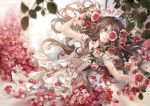  1girl antenna_hair blurry brown_eyes brown_hair collarbone depth_of_field dress eyebrows_visible_through_hair flower hagiwara_rin long_hair looking_at_viewer lying on_back original parted_lips petals smile solo white_dress 