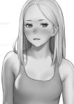  1girl bare_shoulders blush closed_mouth commentary english_commentary forehead greyscale highres looking_at_viewer luimiart medium_hair monochrome original simple_background solo tank_top white_background 