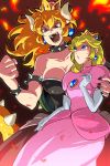  2girls 71 angry armlet bare_shoulders blonde_hair blue_eyes bowsette bracelet breasts clenched_hand collar crown dress earrings elbow_gloves genderswap genderswap_(mtf) gloves horns jewelry long_hair looking_at_another super_mario_bros. multiple_girls nail_polish new_super_mario_bros._u_deluxe nintendo pink_dress princess_peach spiked_bracelet spiked_collar spikes super_crown 