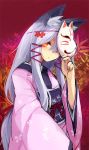  +_+ 1girl animal_ear_fluff animal_ears bee_(deadflow) commentary_request fox_ears fox_mask grey_hair hand_up japanese_clothes kimono long_hair looking_at_viewer mask obi orange_eyes original parted_lips pink_kimono red_background sash solo standing 