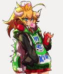  1girl ahoge backpack bag blonde_hair blue_eyes blue_shell bowsette bubble_blowing cellphone chewing_gum commentary contemporary cowboy_shot english_commentary eyebrows_visible_through_hair gurepyon hair_ornament hairclip hand_in_pocket headphones headphones_around_neck highres hood hoodie horns super_mario_bros. mario_kart nail_polish necktie new_super_mario_bros._u_deluxe nintendo phone pleated_skirt ponytail print_hoodie signature skirt smartphone solo super_crown super_mario_bros. thick_eyebrows wing_collar 