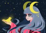  1girl akairiot bangs bird black_eyes blunt_bangs crescent crescent_moon glowing grey_hair hime_cut holding holding_bird long_sleeves moon moon_phases night night_sky original sky smile solo star_(sky) starry_sky yellow_pupils 