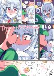  1boy 1girl :o blush boo breasts cleavage comic covering_eyes crown dress earrings embarrassed emphasis_lines eyebrows_visible_through_hair face-to-face faceless faceless_male facial_hair fang fangs green_hat hands_up hat highres himiya_ramune imminent_kiss jewelry king_boo large_breasts long_hair luigi mario super_mario_bros. mustache nintendo nose_blush parted_lips princess_king_boo red_eyes silver_hair super_crown super_mario_bros. sweatdrop tears tongue tongue_out white_dress white_skin 