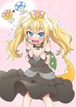  1girl 2018 bangs bare_shoulders black_dress blonde_hair blue_eyes bowsette bracelet collar commentary_request crown dress eyebrows_visible_through_hair fangs flying_sweatdrops hair_between_eyes highres horns jewelry long_hair looking_at_viewer super_mario_bros. mini_crown mono_land new_super_mario_bros._u_deluxe nintendo open_mouth outline oversized_clothes pink_background sharp_teeth signature solo spiked_bracelet spiked_collar spiked_shell spiked_tail spikes strapless strapless_dress super_crown tail teeth turtle_shell twintails white_outline 