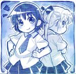  2girls blush bow commentary_request eyebrows_visible_through_hair hair_bow hand_on_hip kill_me_baby looking_at_viewer monochrome multiple_girls necktie oribe_yasuna pleated pleated_skirt sakino_shingetsu short_hair short_sleeves skirt smile sonya_(kill_me_baby) tied_hair twintails 