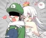  &gt;_&lt; 1boy 1girl bangs bare_shoulders blush boo breasts cleavage closed_eyes crown dress earrings elbow_gloves emphasis_lines eyebrows_visible_through_hair facial_hair flying_heart flying_sweatdrops frilled_dress frilled_gloves frills ghost gloves green_hat green_sweater hair_between_eyes hat heart heart_wings hug hug_from_behind jewelry large_breasts long_hair luigi luigi&#039;s_mansion super_mario_bros. mini_crown mustache new_super_mario_bros._u_deluxe nintendo no_bra open_mouth overalls princess_king_boo scared shaded_face sharp_teeth sideboob sleeveless sleeveless_dress super_crown super_mario_bros. sweater teeth white_dress white_gloves white_hair wings yadapot 