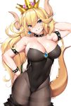  1girl arm_up bangs bare_shoulders black_legwear black_leotard blonde_hair blue_eyes blush bowsette bracelet breasts brooch cleavage collar collarbone covered_navel crown earrings eyebrows_visible_through_hair hair_between_eyes highres hips horns jewelry large_breasts leotard lips long_hair looking_at_viewer super_mario_bros. new_super_mario_bros._u_deluxe nintendo pantyhose ponytail simple_background smile solo spiked_armlet spiked_bracelet spiked_collar spiked_tail spikes strapless strapless_leotard super_crown super_mario_bros. tail teeth thighband_pantyhose thighs tony_guisado turtle_shell white_background 
