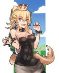 1girl anonamos bare_shoulders blonde_hair blue_eyes bowsette bracelet breasts cleavage collar crown dress earrings fang fire genderswap genderswap_(mtf) horns jewelry long_hair looking_at_viewer medium_breasts nintendo open_mouth ponytail sharp_teeth smile solo spiked_bracelet spiked_collar spikes super_crown super_mario_bros. tail teeth