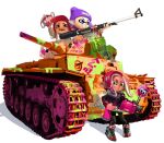  1boy 2girls :d :o beanie beret doitsuken explosive fang grenade grenade_launcher grin ground_vehicle gun hat holding holding_gun holding_weapon inkling long_sleeves looking_at_viewer military military_vehicle motor_vehicle multiple_girls nintendo octoling open_mouth paint_splatter pantyhose parted_lips shoes smile sneakers splatoon splatoon_2 tank weapon 