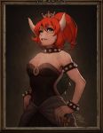  1girl alternate_color bare_shoulders bowsette bracelet breasts collar crown dark_skin dress earrings fang fang_out frame horns jewelry large_breasts light_smile super_mario_bros. mike_nesbitt new_super_mario_bros._u_deluxe nintendo ponytail redhead spiked_armlet spiked_bracelet spiked_collar spiked_shell spikes strapless strapless_dress super_crown thick_eyebrows tight_dress 