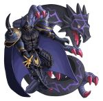  1boy armor ayyk92 black_armor cape dragon final_fantasy final_fantasy_iv full_body gauntlets golbeza helmet horned_helmet male_focus muscle open_mouth shoulder_armor standing standing_on_one_leg weapon white_background yellow_eyes 