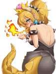  1girl armlet ass back bangs bare_shoulders black_dress blonde_hair blue_eyes blush bowsette bracelet breasts breathing_fire cleavage collar crown dress earrings fire from_behind highres horns jewelry large_breasts looking_at_viewer super_mario_bros. messy_hair nintendo open_mouth pointy_ears ponytail sd_bigpie sharp_teeth shoulder_blades sidelocks simple_background solo spiked_armlet spiked_bracelet spiked_collar spikes strapless strapless_dress super_crown tail tearing_up teeth turtle_shell white_background 