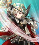  1girl armor black_armor black_gloves cape closed_mouth crown fire_emblem fire_emblem_heroes gloves grey_hair hair_ornament holding holding_staff kakiko210 long_hair long_sleeves nintendo red_eyes solo sparkle staff veronica_(fire_emblem) 