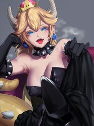  1girl absurdres armpits bangs bare_shoulders black_dress blonde_hair blue_eyes blush borrowed_design bowsette breasts breath cleavage collar collarbone colored_eyelashes commentary commentary_request crown dress elbow_gloves gloves grey_background hair_between_eyes highres horns jewelry kumiko_shiba large_breasts looking_at_viewer lying super_mario_bros. new_super_mario_bros._u_deluxe nintendo sharp_teeth sitting spiked_collar spikes strapless strapless_dress super_crown super_mario_bros. tail teeth tongue tongue_out 