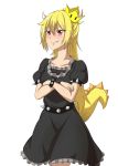  1girl bangs black_dress blonde_hair blush bowsette bracelet closed_mouth cowboy_shot crossed_arms crown dress eyebrows_visible_through_hair fang fang_out hair_between_eyes highres horns jewelry super_mario_bros. new_super_mario_bros._u_deluxe nintendo red_eyes seihoku smile solo spiked_bracelet spikes super_mario_bros. tail white_background yellow_tail 