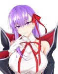  1girl bangs bare_shoulders bb_(fate)_(all) bb_(swimsuit_mooncancer)_(fate) black_coat blush breasts collarbone commentary_request eyebrows_visible_through_hair fate/grand_order fate_(series) finger_to_mouth gloves hair_between_eyes hair_ribbon hand_up head_tilt high_collar huge_breasts long_hair long_sleeves looking_at_viewer neck_ribbon piro_(iiiiiiiiii) purple_hair red_neckwear red_ribbon ribbon shirt simple_background single_sidelock smile solo upper_body violet_eyes white_background white_gloves white_shirt wide_sleeves wing_collar 