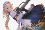  1girl apron aqua_eyes assault_rifle bangs blonde_hair blush braid closed_mouth commentary dress eyebrows_visible_through_hair g36 g36_(girls_frontline) girls_frontline gloves grey_background gun hair_between_eyes hanato_(seonoaiko) heckler_&amp;_koch holding light_particles long_hair looking_at_viewer maid maid_headdress rifle sidelocks simple_background single_braid skirt solo sparkle trigger_discipline twitter_username very_long_hair weapon white_gloves 