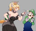  1boy 1girl armlet artistntraining bare_shoulders black_dress black_nails blonde_hair blue_eyes bowsette bracelet breasts collar cowboy_shot crown dress facial_hair gloves green_hat grey_background hands_up hat horns jewelry large_breasts luigi super_mario_bros. mustache nail_polish new_super_mario_bros._u_deluxe nintendo overalls pointy_ears scared sharp_teeth shell spiked_armlet spiked_bracelet spiked_collar spikes standing super_crown tail tears teeth white_gloves 