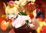  1boy 1girl b.c.n.y. bare_shoulders battle black_dress black_nails blonde_hair blue_eyes boots bowsette bracelet breasts breathing_fire brown_footwear calligraphy_brush_(medium) cleavage collar collarbone crown dress earrings facial_hair fingernails fire gem giantess gloves hat horns jewelry jumping large_breasts long_fingernails long_hair looking_at_another mario super_mario_bros. molten_rock mustache nail_polish new_super_mario_bros._u_deluxe nintendo open_mouth overalls pointy_ears ponytail red_hat sharp_teeth spiked_bracelet spiked_collar spikes strapless strapless_dress super_crown super_mario_bros. tail teeth tongue tongue_out turtle_shell twitter_username white_gloves 