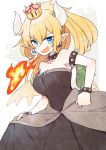  1girl ark_kan black_dress blonde_hair blue_eyes bowsette bracelet breasts cleavage collar commentary dress earrings eyebrows_visible_through_hair fire horn jewelry long_hair looking_at_viewer super_mario_bros. new_super_mario_bros._u_deluxe nintendo pointy_ears ponytail shell skirt_hold solo spiked_armlet spiked_bracelet spiked_collar spikes super_crown tail 
